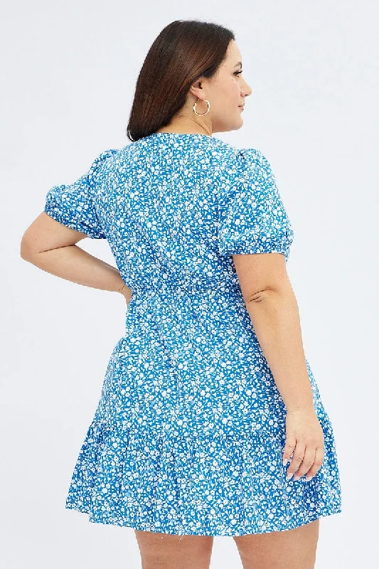 Blue Ditsy Mini Dress Puff Sleeve Tie Front