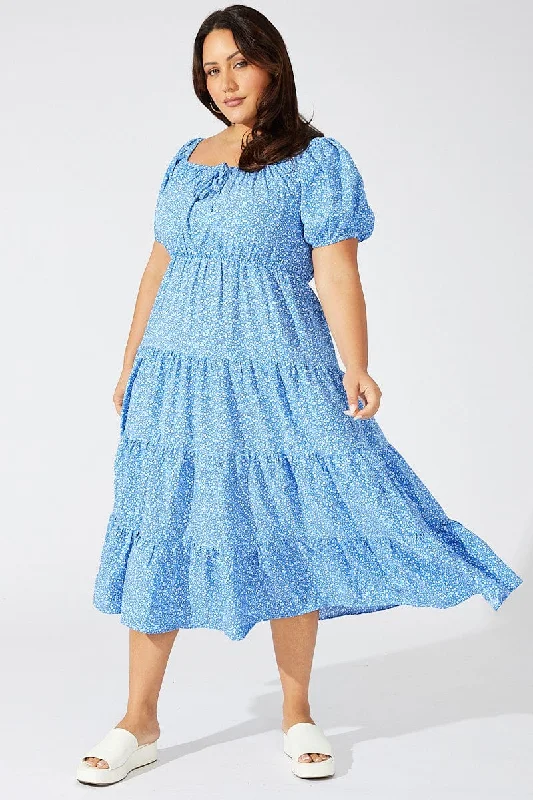 Blue Ditsy Skater Dress Scoop Neck Short Sleeve