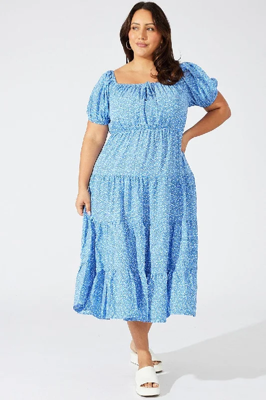 Blue Ditsy Skater Dress Scoop Neck Short Sleeve