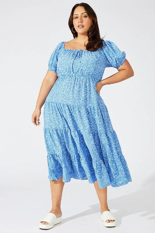 Blue Ditsy Skater Dress Scoop Neck Short Sleeve