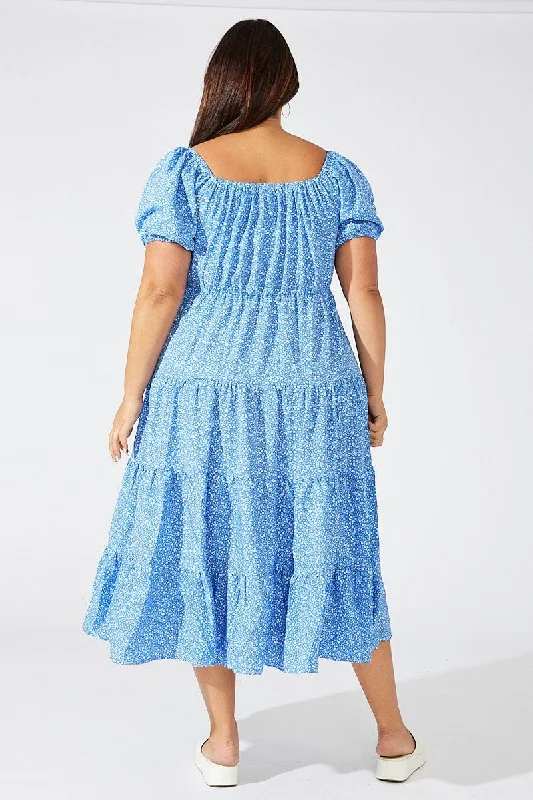 Blue Ditsy Skater Dress Scoop Neck Short Sleeve