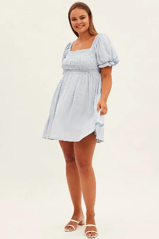 Blue Fit And Flare Dress Short Sleeve Shirred