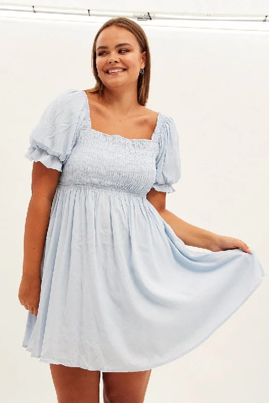 Blue Fit And Flare Dress Short Sleeve Shirred