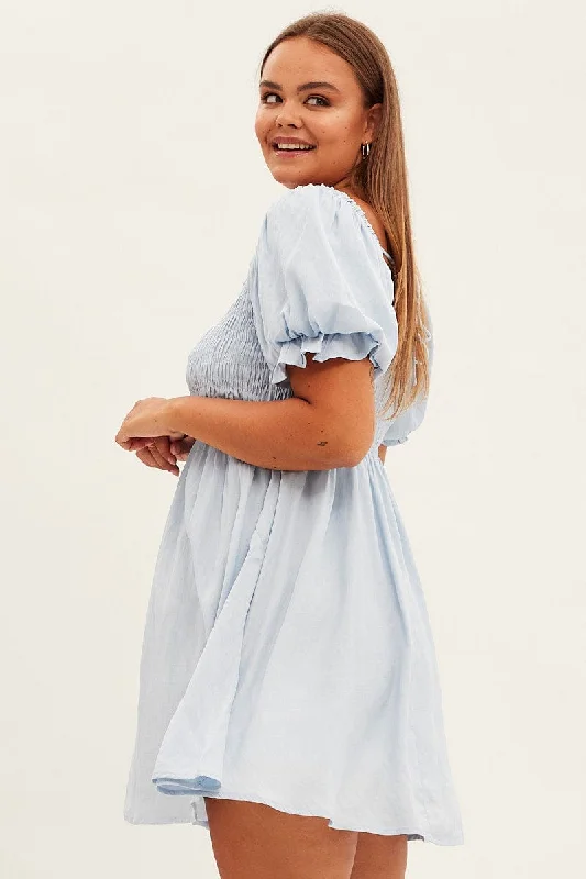 Blue Fit And Flare Dress Short Sleeve Shirred