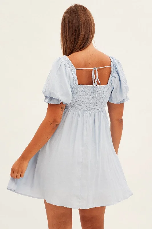 Blue Fit And Flare Dress Short Sleeve Shirred