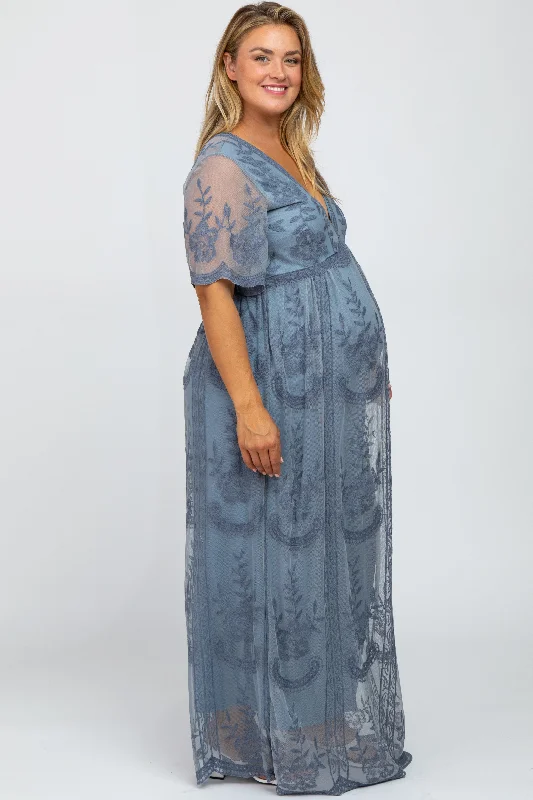 Blue Lace Mesh Overlay Maternity Plus Maxi Dress