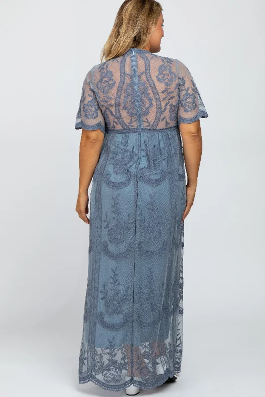 Blue Lace Mesh Overlay Maternity Plus Maxi Dress