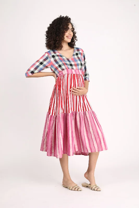 Boho Chic Striped Maternity & Nursing Gathered Dress (100% Cotton)