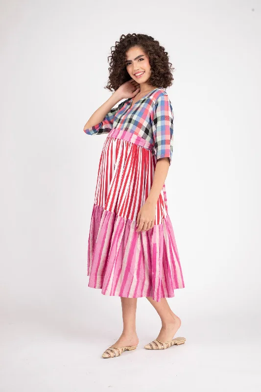 Boho Chic Striped Maternity & Nursing Gathered Dress (100% Cotton)