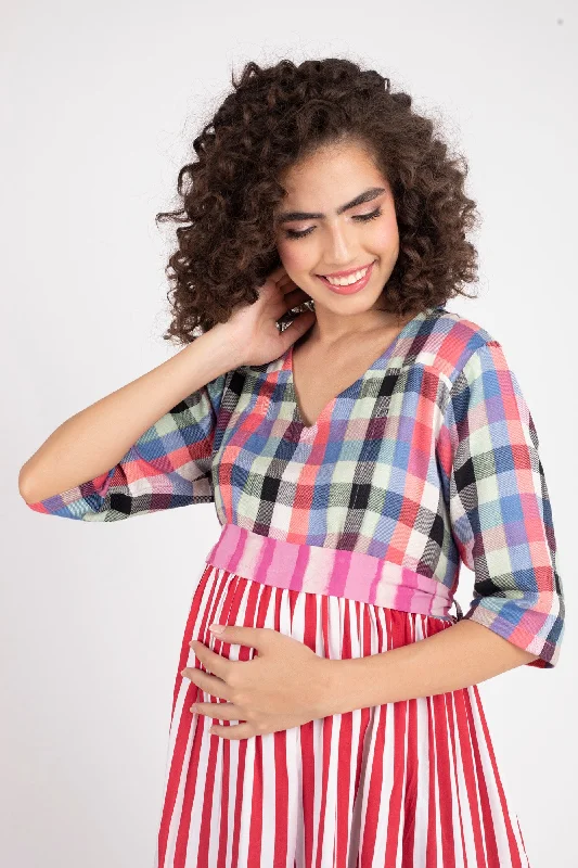 Boho Chic Striped Maternity & Nursing Gathered Dress (100% Cotton)