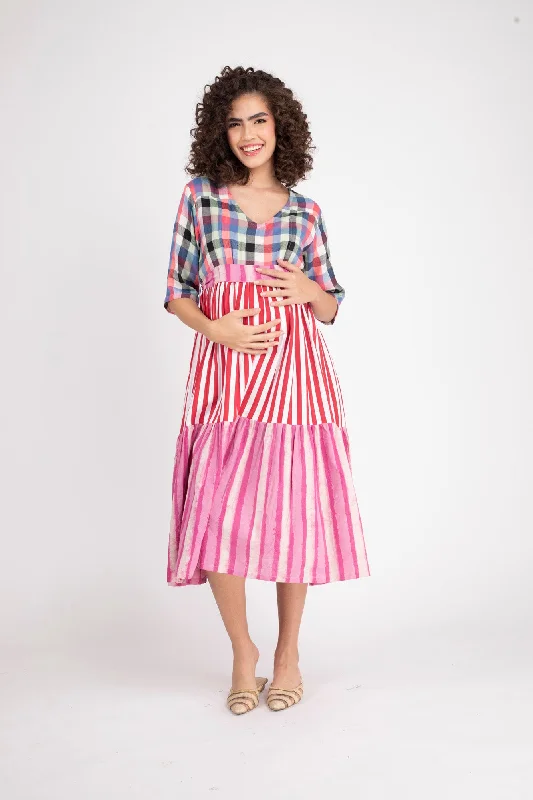 Boho Chic Striped Maternity & Nursing Gathered Dress (100% Cotton)