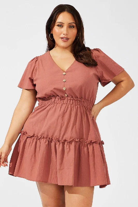 Brown Button Through Minidress Frill Hem Flare Sleeve