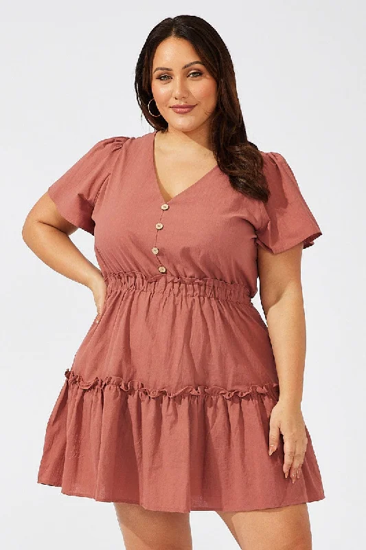 Brown Button Through Minidress Frill Hem Flare Sleeve