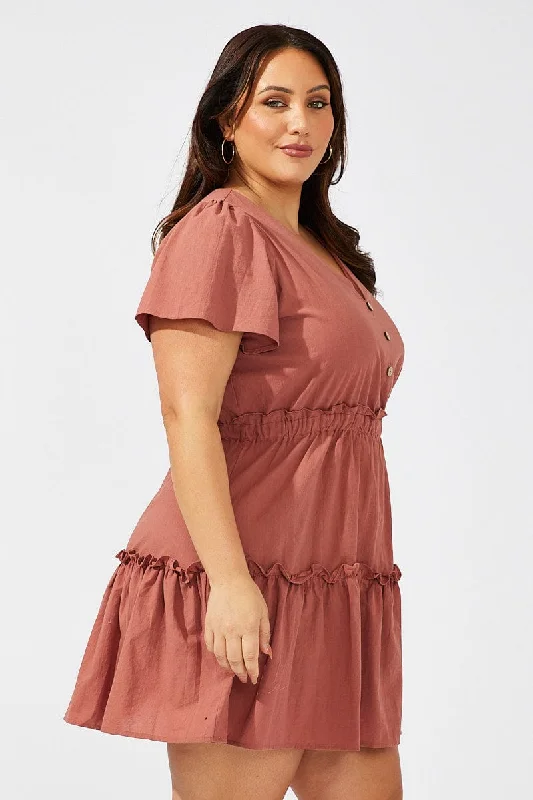 Brown Button Through Minidress Frill Hem Flare Sleeve