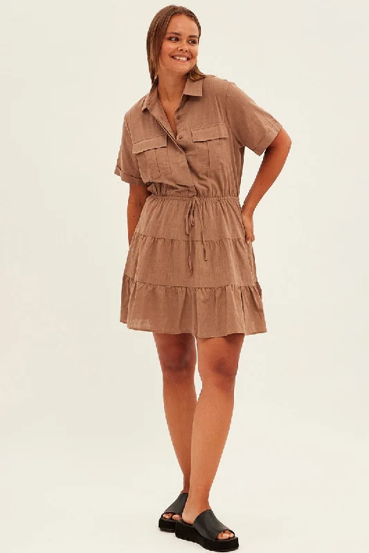 Brown Cargo Shirtdress Short Sleeve Cotton Mini