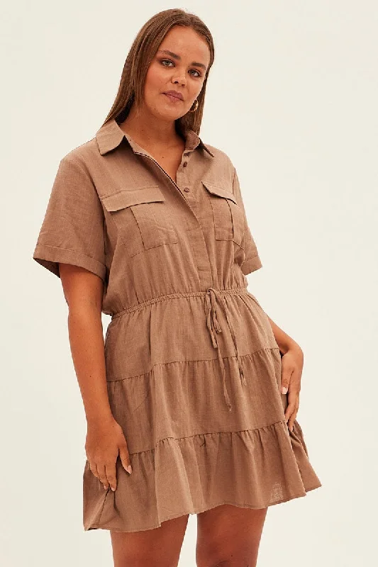 Brown Cargo Shirtdress Short Sleeve Cotton Mini