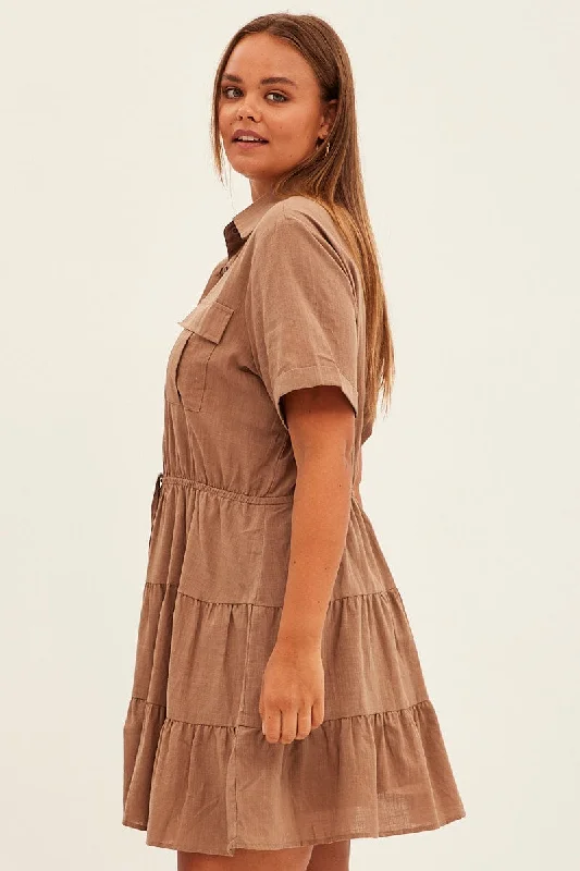 Brown Cargo Shirtdress Short Sleeve Cotton Mini