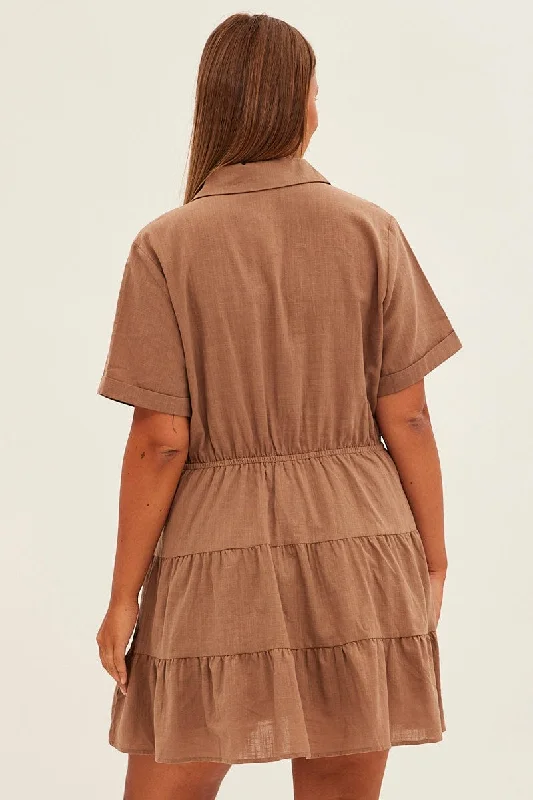 Brown Cargo Shirtdress Short Sleeve Cotton Mini