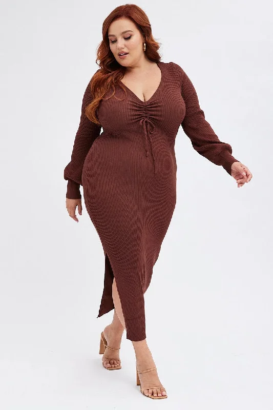 Brown Knit Mididress Drawstring Detail Long Sleeve