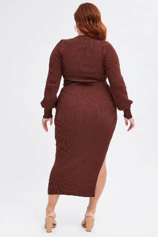 Brown Knit Mididress Drawstring Detail Long Sleeve