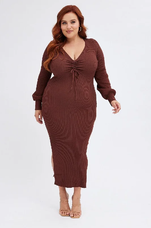 Brown Knit Mididress Drawstring Detail Long Sleeve