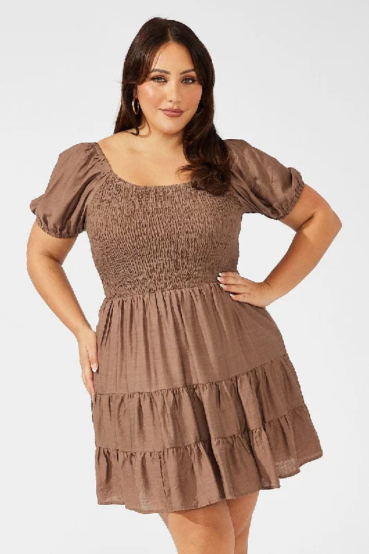 Brown Mini Dress Shirred Bodice Puff Sleeve Tiered Hem