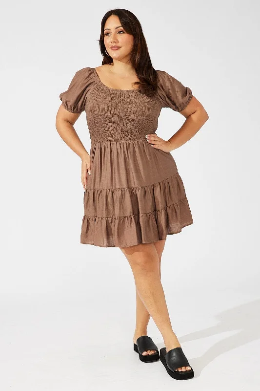 Brown Mini Dress Shirred Bodice Puff Sleeve Tiered Hem