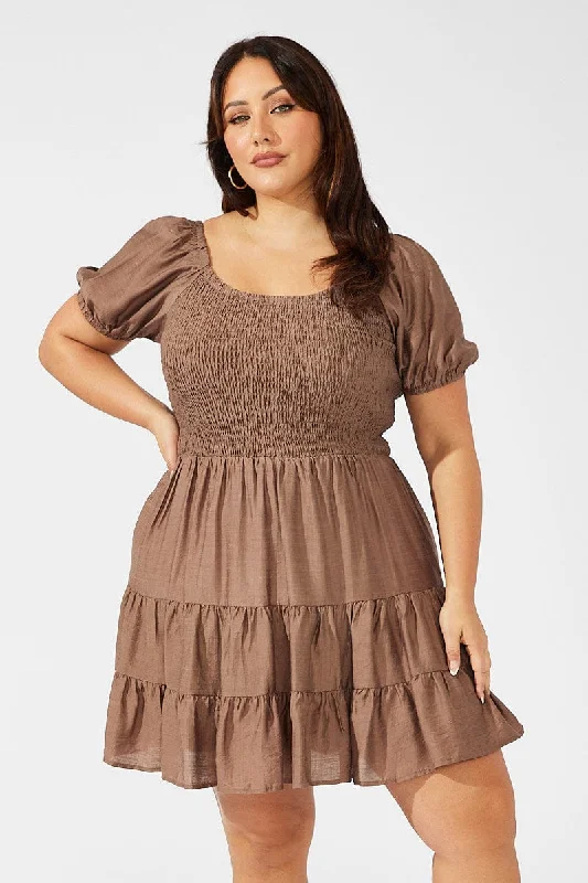 Brown Mini Dress Shirred Bodice Puff Sleeve Tiered Hem