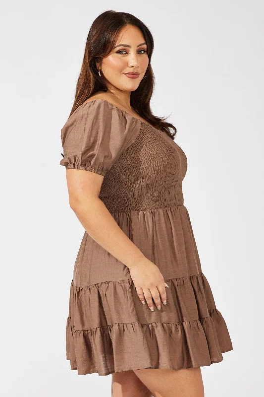 Brown Mini Dress Shirred Bodice Puff Sleeve Tiered Hem