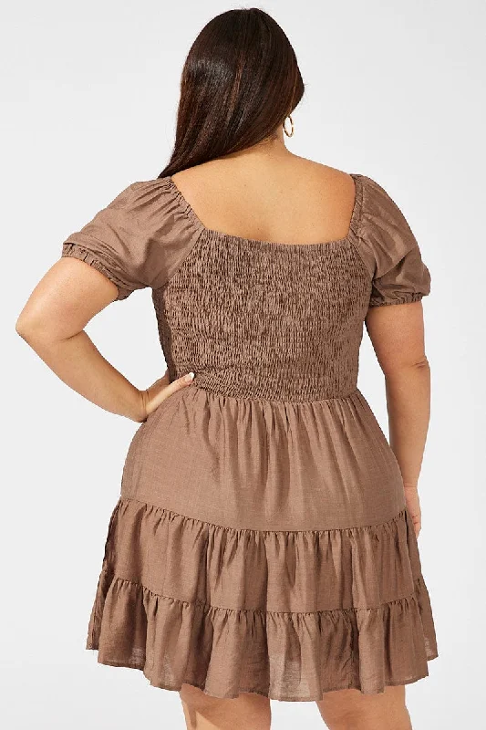 Brown Mini Dress Shirred Bodice Puff Sleeve Tiered Hem