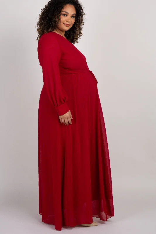 Burgundy Chiffon Long Sleeve Plus Maternity Maxi Dress