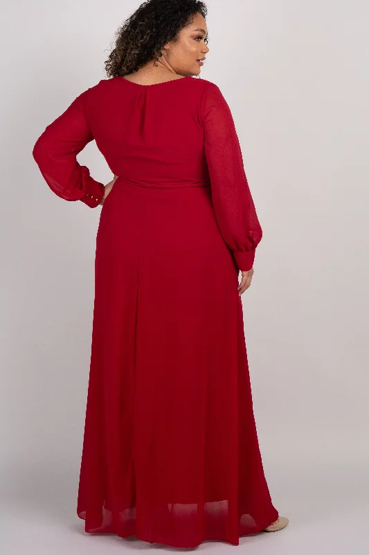 Burgundy Chiffon Long Sleeve Plus Maternity Maxi Dress