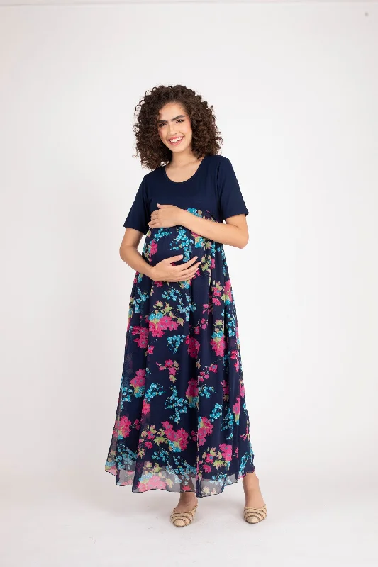 Classic Black Floral Maternity Dress