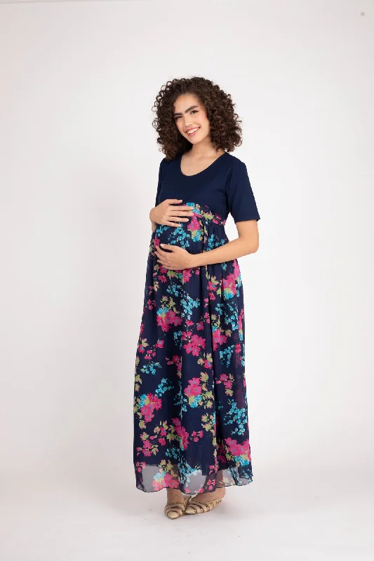 Classic Black Floral Maternity Dress