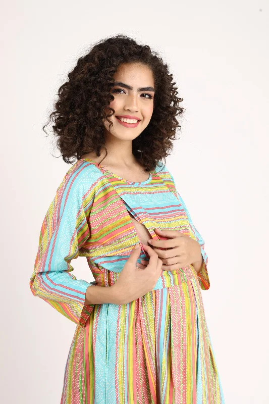 Colorful Pink Maternity & Nursing Maxi Dress (100% Cotton)