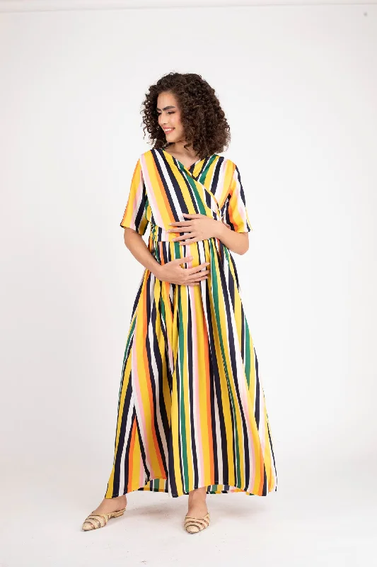 Dual Striped Yellow Maternity & Nursing Wrap Dress