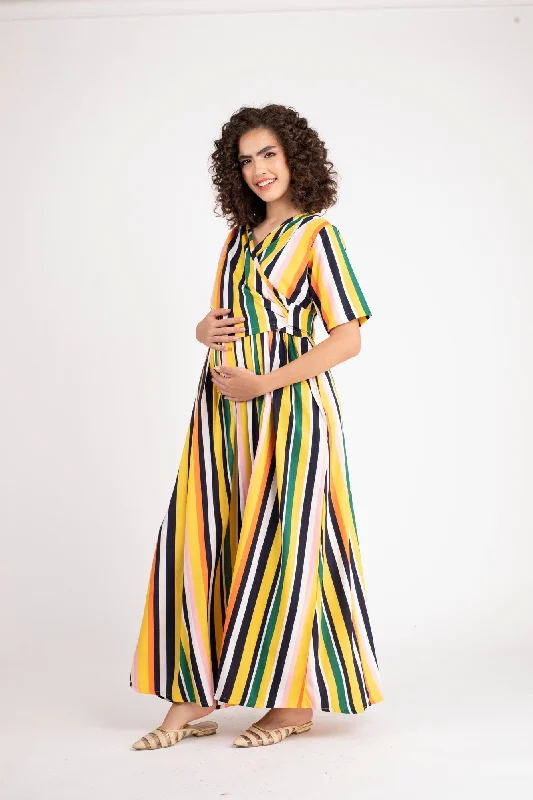 Dual Striped Yellow Maternity & Nursing Wrap Dress