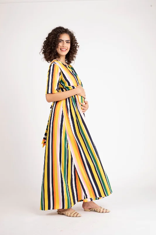 Dual Striped Yellow Maternity & Nursing Wrap Dress