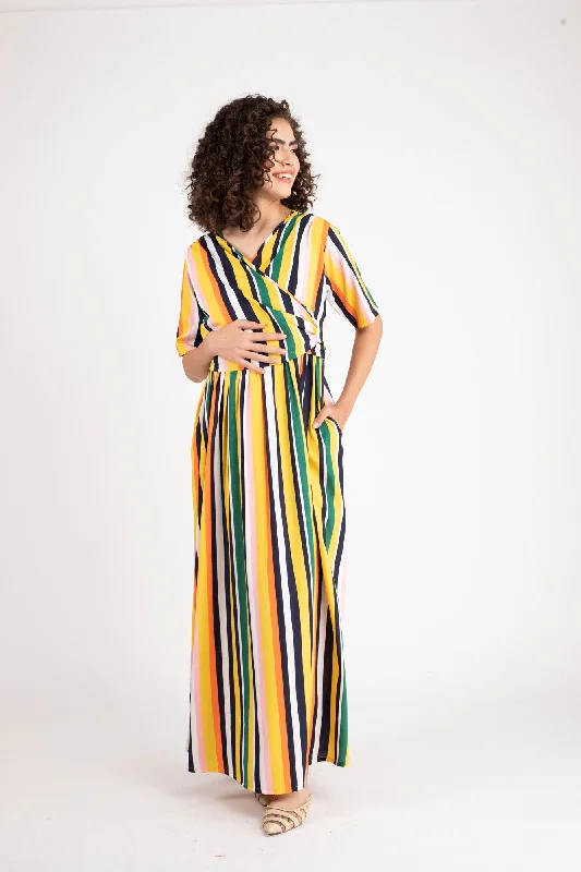 Dual Striped Yellow Maternity & Nursing Wrap Dress