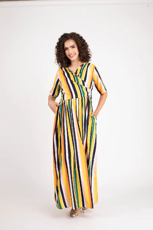 Dual Striped Yellow Maternity & Nursing Wrap Dress