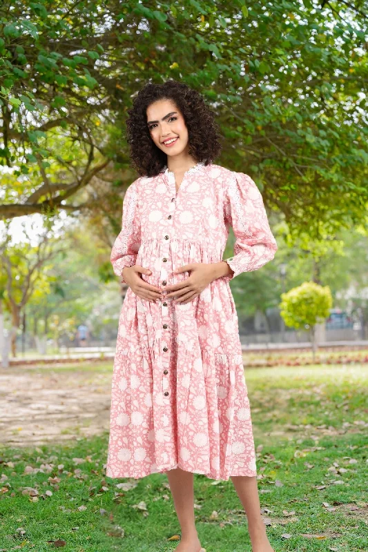 Dusty Flamingo Maternity & Nursing Gathered Dress (100% Cotton)