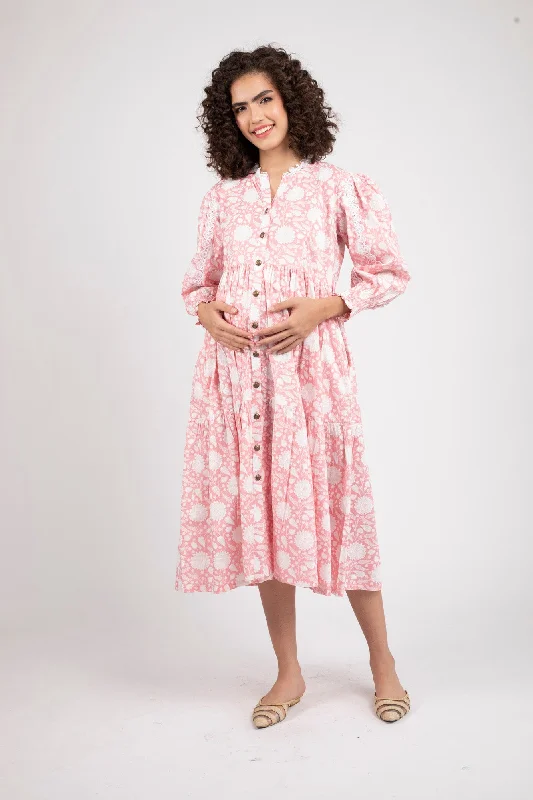 Dusty Flamingo Maternity & Nursing Gathered Dress (100% Cotton)