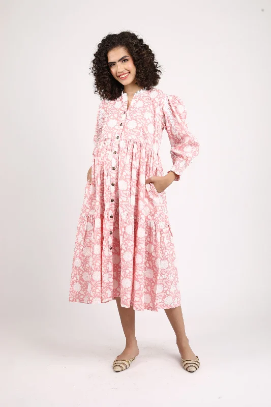 Dusty Flamingo Maternity & Nursing Gathered Dress (100% Cotton)