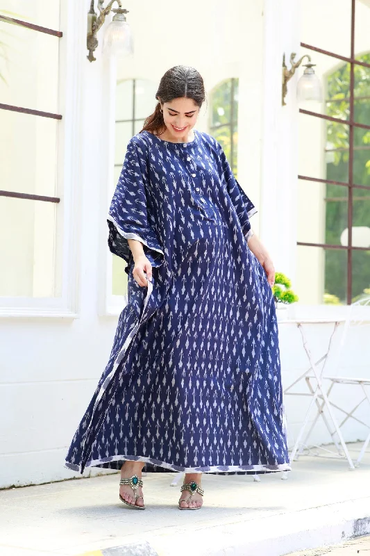 Elegant Indigo Ikat Maternity & Nursing Kaftan (100% Cotton)