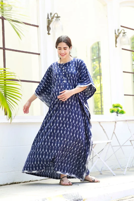 Elegant Indigo Ikat Maternity & Nursing Kaftan (100% Cotton)