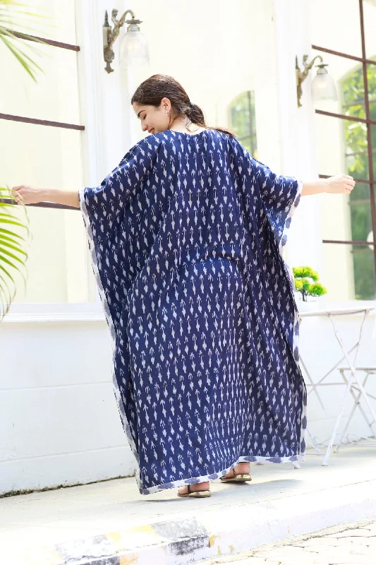 Elegant Indigo Ikat Maternity & Nursing Kaftan (100% Cotton)