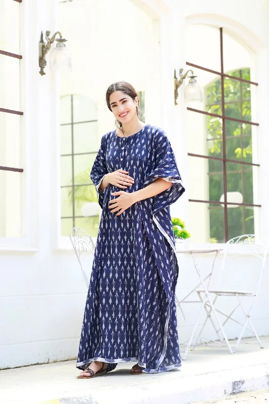 Elegant Indigo Ikat Maternity & Nursing Kaftan (100% Cotton)