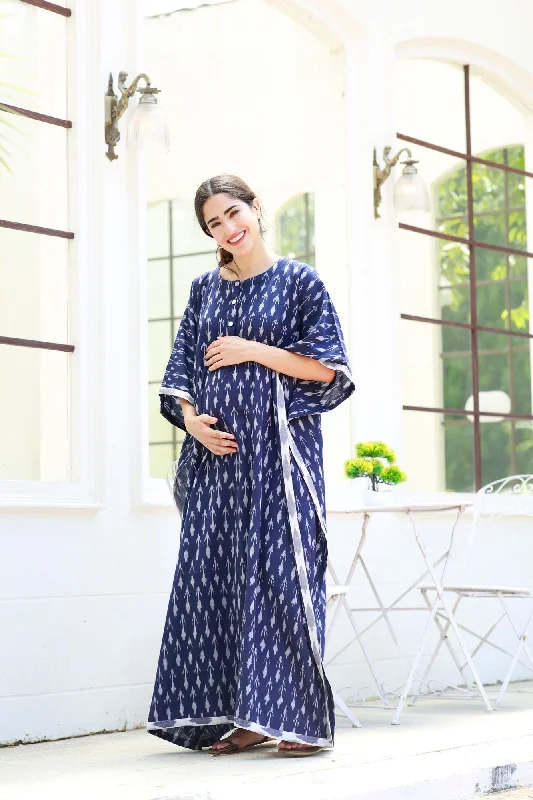 Elegant Indigo Ikat Maternity & Nursing Kaftan (100% Cotton)