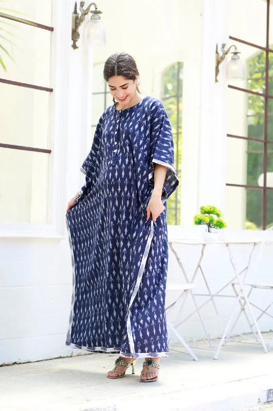 Elegant Indigo Ikat Maternity & Nursing Kaftan (100% Cotton)