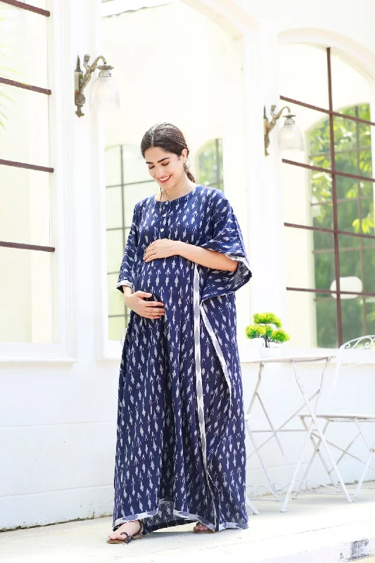 Elegant Indigo Ikat Maternity & Nursing Kaftan (100% Cotton)